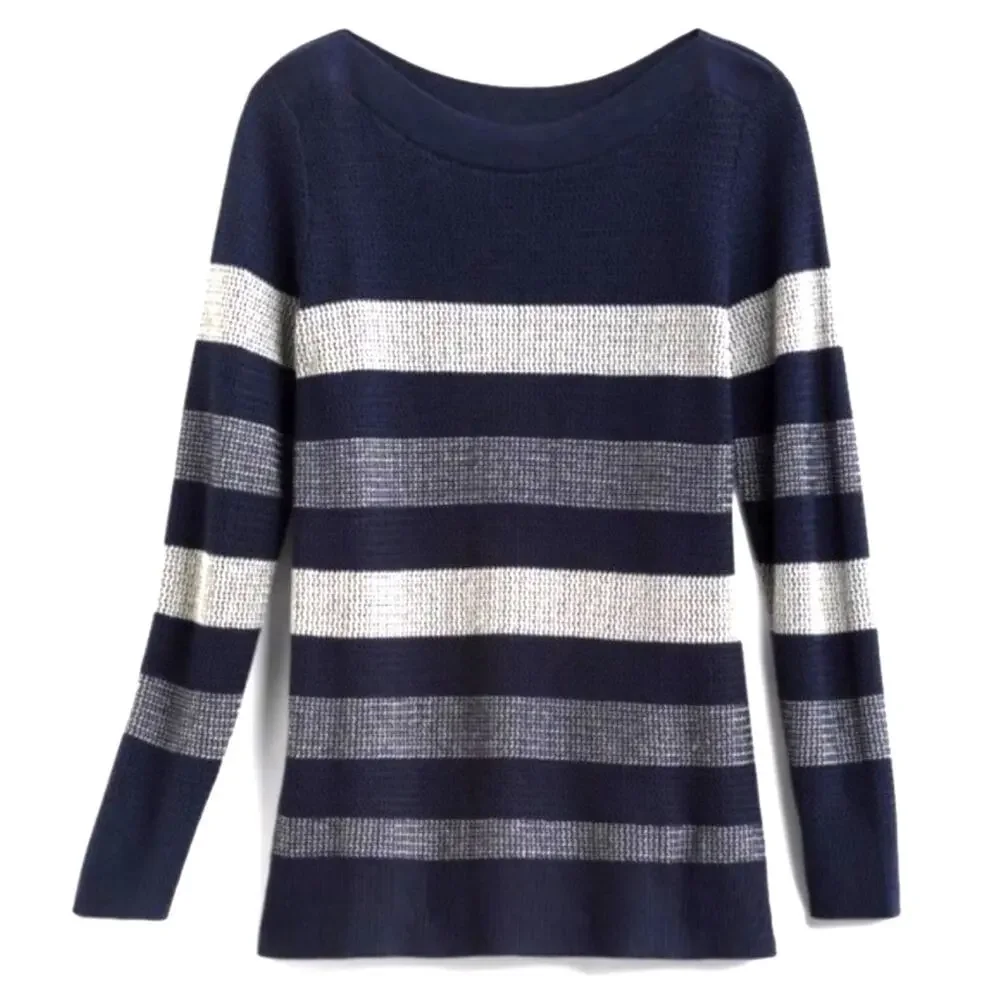 NWT Market & Spruce Tawnee Waffle Stitch Striped Pullover Sweater Navy/White MP